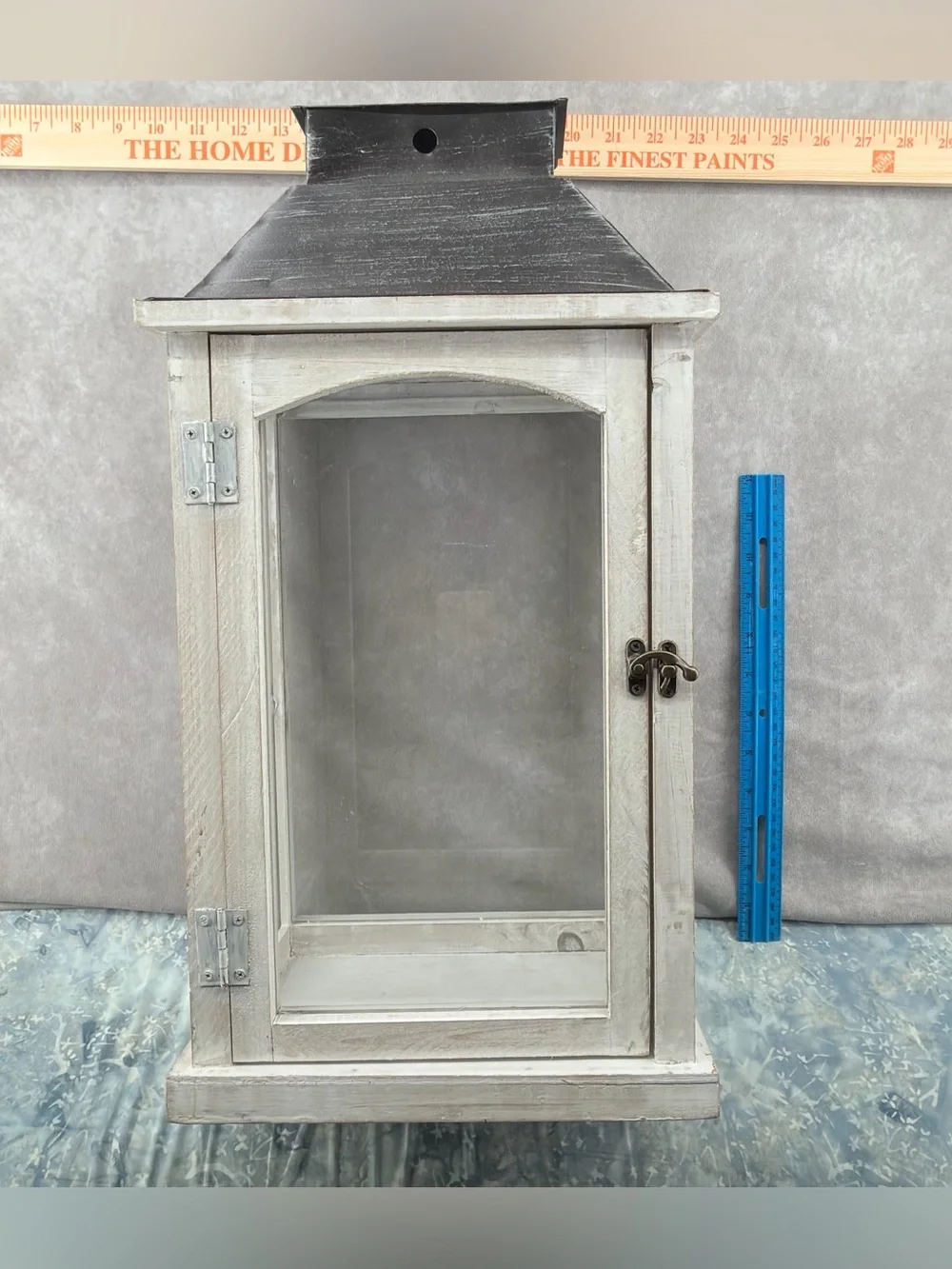 Rustic White Wooden Lantern with Black Metal Top - Home Accents